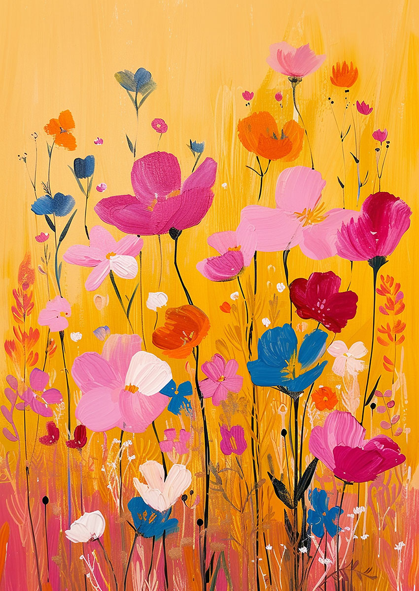 Artwork of a vibrant floral arrangement featuring colourful flowers against a yellow background.